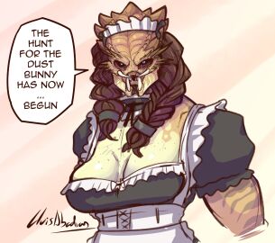 1girls 2d alien braided_hair breasts dialogue english_text female female_only female_yautja funny lluisabadias maid maid_uniform predator_(franchise) solo solo_female speech_bubble tagme text yautja