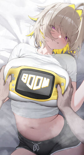 1girls ahoge bed_sheet big_breasts black_shorts blonde_hair blush breast_grab breasts closed_mouth clothed colored_inner_hair elegg_(nikke) fang_out game_boy_advance goddess_of_victory:_nikke groping hair_intakes handheld_game_console highres large_breasts looking_at_viewer lying medium_hair multicolored_hair navel nikku_nana oerba_yun_fang on_back purple_eyes shirt short_sleeves shorts smile solo_focus steam steaming_body stomach symbol-only_commentary thighs white_shirt