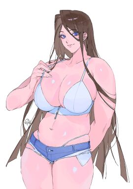 big_breasts big_hips blue_eyes bra breasts brown_hair female jean_shorts jeans long_hair mito609 oc original original_character short_shorts shorts white_bra