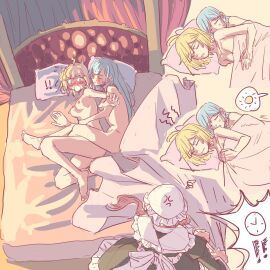 ! 3girls after_sex ahoge anisphia_wynn_palettia annoyed arm_around_partner awoken azjames34 bed bed_sheet blonde_hair blush blushing_profusely breasts canon_couple cleavage closed_eyes color completely_nude cuddling euphyllia_magenta exclamation_point exposed female flustered full-face_blush fully_clothed green_eyes grey_hair hand_on_another's_stomach humor ilia_coral in_bed lighting long_hair lying_on_bed maid maid_uniform married_couple morning_after nipples nude red_hair romantic romantic_couple rude_awakening sideboob sleeping sleeping_nude sleeping_together speech_bubble spooning surprised sweatdrop tan_background tensei_oujo_to_tensai_reijou_no_mahou_kakumei under_covers unseen_female_face waking_up wholesome wide_eyed wife_and_wife yuri