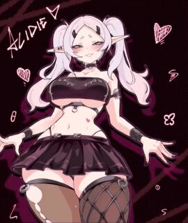 acidie animated big big_breasts black_background black_nails boob_window breasts collar condom curvy curvy_figure ear_piercing elf female frieren goth goth_girl green_eyes heart_symbol heart_tattoo pointed_ears seductive short_skirt skirt solo solo_female sousou_no_frieren stockings thick white_hair wrist_cuffs