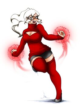 ballerina_shoes cheerful female full_body galejro glasses grey_eyes hania_(galejro) happy keyhole keyhole_turtleneck kneesocks long_hair mage magician red_clothing red_dress running smile smiling sports_panties sports_shorts sweater tights turtleneck vampire vampire_girl warlock white_hair wizard
