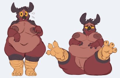 2024 anthro ass avian beak belly big_ass big_butt bird breasts claws emmett_(xxthegreyfoxxx) feet female fur genitals hair hi_res huge_thighs multicolored_body multicolored_fur multicolored_hair navel open_mouth owl pussy simple_background slightly_chubby solo talons thick_thighs toe_claws toes xxthegreyfoxxx yellow_eyes