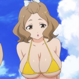 bare_shoulders bikini bikini_top breasts brown_eyes brown_hair female female_focus female_only hair_ribbon huge_breasts kaneko_hiraku kouzuki_momoko lipstick looking_down open_mouth overflowing_breasts pink_lipstick ribbon ribbon_in_hair screen_capture screencap screenshot short_eyebrows short_hair skindentation sky_background small_eyebrows swimsuit tight_bikini tight_swimsuit upper_body valkyrie_drive valkyrie_drive_-mermaid- white_ribbon yellow_bikini yellow_swimsuit