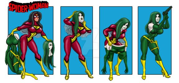 black_hair disguise female gloves green_hair jessica_drew johnnyharadrim madame_hydra marvel marvel_comics mask masking red_suit skinsuit spider-woman superhero_costume superheroine viper_(marvel)