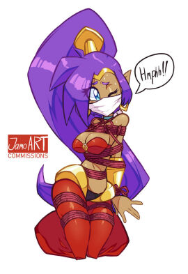 1girls arms_tied_behind_back belly_dancer belly_dancer_outfit blue_eyes bondage bra breasts choker circlet earrings female gag gagged harem_outfit hoop_earrings jamoart large_breasts legs_tied looking_at_viewer midriff navel over_the_nose_gag pants ponytail purple_hair red_bra red_pants rope rope_bondage shantae shantae_(character) shibari_over_clothes vambraces