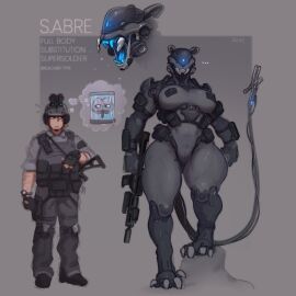 1boy 1girls anthro big_breasts blue_mouth blue_tongue bodysuit breasts cyborg english_text fangs female grey_background height_difference hi_res human justrube male original rube soldier tail text thick_thighs wide_hips