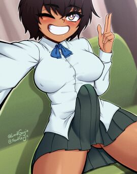 1futa breasts bulge bulge_through_clothing commission dark-skinned_futa dark_skin erection erection_under_clothes erection_under_skirt futa_only futabu futanari intersex itou_aya large_breasts looking_at_viewer lordguyis one_eye_closed school_uniform selfie skirt smile smiling_at_viewer wink yellow_eyes