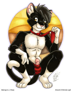 2025 anthro black_body black_fur black_hair clothed clothing dipstick_tail domestic_cat felid feline felis fur genitals gloves_(marking) hair leg_markings male mammal markings michele_light navel necktie penis pink_nose socks_(marking) solo tail tail_markings topless yellow_eyes