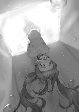 1girls arms_behind_back arms_bound_behind_back asphyxiation bound breasts captured captured_heroine collarbone completely_nude drowning fairy_tail female female_only flat_chest flat_chested gag gagged hanging hanging_upside_down heroine_in_trouble monochrome navel nipples nude nude_female peril ring_gag rope rou_(rou22) small_breasts solo solo_female tears trapped twintails underwater upside-down water_torture wendy_marvell