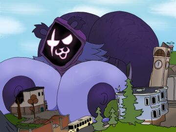 anthro armor ass bear belt big_ass big_breasts big_butt breasts city destruction destruction_of_property epic_games eye_scar facial_scar female fortnite giantess hood huge_breasts hyper hyper_ass hyper_breasts looking_at_viewer lying m4n macro mammal nipples raven_team_leader scar smile smiling_at_viewer solo straps