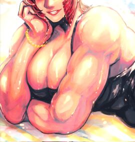 1girls breasts cleavage clothing female framed_breasts grin huge_breasts large_breasts lips lipstick long_hair looking_at_viewer makeup marisa_rossetti mole mole_under_eye muscular muscular_female one_eye_closed red_hair short_hair smile solo street_fighter street_fighter_6 sweater upper_body zmnjo1440