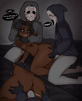 1girls 2boys artist_name black_hair bottomless breasts dark-skinned_female dark_skin dialogue english english_text female friday_the_13th ghostface heart hoodie jason_voorhees kuma_(kumasncreme) kumasncreme light-skinned_male light_skin male male/female mask masked masked_male original penis pussy scream_(franchise) sex straight tagme vaginal_penetration