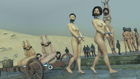 3d 5boys 6+girls black_hair bondage bound_ankles bound_wrists female gag gagged male multiple_boys multiple_females multiple_girls multiple_males nude nude_female original size_difference slave_girl spicebound