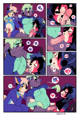 6_panel_comic angelbite_piercing anthro balls beard binder_(clothing) blue_body blue_fur bodily_fluids breath canid canine canis closed_eyes cum cum_in_mouth cum_inside cumshot cyberbite_piercing domestic_dog ear_piercing ejaculation erection facial_hair facial_piercing fellatio female fur gauged_ear genital_fluids genitals gin_(sparkibarki) green_body green_fur green_sclera group hair half-closed_eyes heart_symbol hi_res humanoid_genitalia humanoid_penis hyena licking licking_lips lip_piercing looking_pleasured male mammal narrowed_eyes nude oral oral_penetration orange_body orange_fur orange_sclera orgasm orson_(sparkibarki) penetration penile penis penis_lick piercing pink_body pink_fur purple_body purple_fur red_sclera sex slightly_chubby slightly_chubby_anthro slightly_chubby_female snakebite_piercing sparkibarki stud_piercing tan_body tan_fur tan_hair tongue tongue_out trio