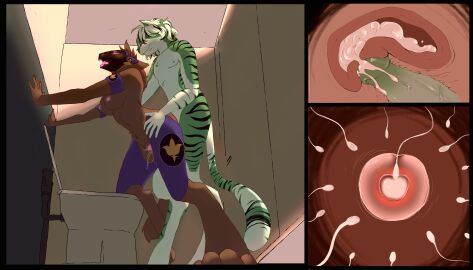 absurd_res anthro anthro_on_anthro armor barely_visible_genitalia barely_visible_pussy bathroom big_breasts blue_armor blush bodily_fluids breasts brown_body brown_fur cum cum_in_pussy cum_in_uterus cum_inside digitigrade duo felid female fur fzzr genital_fluids genitals green_body green_fur hands_on_hands hi_res impregnation katalizatorin looking_pleasured lua_(pacothegint) machine male male/female mammal nipples open_mouth pantherine penetration pink_face pink_nipples protogen protogen_visor public public_restroom pussy restroom_stall tiger uterus vaginal_fluids vaginal_penetration