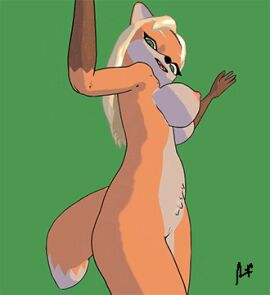 2016 3d 3d_animation animated anthro areola blonde_hair breasts canid canine countershading dancing digital_media_(artwork) female flufdustbunny fox genitals green_eyes green_screen hair long_hair looking_at_viewer low_res mammal nipples nude orange_body pussy sandra_ren smile solo tagme tail white_body white_countershading