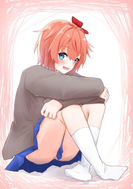 1girls blue_eyes blue_skirt blush blush_lines blushing bow clothed clothes clothing doki_doki_literature_club female female_focus female_only hair_bow hairbow happy happy_female just_sayori panties panty_peek red_bow red_hair_bow red_hairbow sayori_(doki_doki_literature_club) skirt socks solo solo_female solo_focus strawberry_blonde_hair tanato7010 white_socks