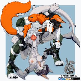 4_toes 5_fingers 5_toes abs absurd_res ambiguous_fluids anatomically_correct anatomically_correct_genitalia anatomically_correct_pussy angry angry_sex animal_genitalia animal_penis anthro arm_tattoo armor athletic athletic_anthro athletic_female back_tattoo balls belly_tattoo biceps big_breasts black_claws black_hair black_markings black_nails black_nose black_pawpads bladed_weapon blue_markings bodily_fluids boots breasts camo camo_clothing camo_print canid canine canine_genitalia canine_penis canis cheek_tuft claws clothed clothed/nude clothing colored_nails cybernetic_arm cybernetic_limb cybernetics cyborg digital_drawing_(artwork) digital_media_(artwork) digital_painting_(artwork) digitigrade digitigrade_boots digitigrade_footwear digitigrade_heels digitigrade_paws dominant dominant_anthro dominant_male duo elbow_pads eye_contact eyebrows eyelashes facial_tuft feet female fight fingers fish fluffy fluffy_tail footwear fox fur furgonomic_footwear furgonomics genital_fluids genitals gloves grey_body grey_fur grey_markings hair half-closed_eyes handwear hi_res holding_leg holding_object holding_partner holding_weapon humanoid_feet hybrid kamikaze_otium knee_pads knife knot knotted_penis laguna_silverjaw leg_around_head leg_around_partner leg_around_shoulders leg_tattoo long_hair long_tail looking_at_another machine male male/female male_on_top male_penetrating mammal marine markings military military_uniform monotone_background multicolored_body muscles muscular muscular_anthro muscular_male muscular_thighs nails narrowed_eyes navel nipples nude nude_anthro nude_female nude_male on_top open_mouth orange_body orange_eyes orange_fur pattern_clothing pawpads penetration penile penile_penetration penis pink_nipples pink_penis pink_pussy pink_tongue plantigrade pointy_ears ponytail prick_ears purple_hair pussy rough_sex sex shaking shaking_breasts shaking_legs shark shark_tail sharp_nails sharp_teeth shoes short_hair silver_markings simple_background smile smiling_at_another smiling_at_partner snaketeeth12 snarling soldier spread_legs spreading stomach_bulge tail tattoo teeth thick_thighs toes toned toned_body toned_female toned_muscles toned_stomach tongue tongue_out tribal tribal_tattoo tuft uniform vaginal_fluids vaginal_penetration warrior weapon wet wet_penis white_body white_fur white_markings wolf yellow_eyes