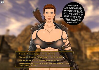 big_breasts bimbo bimbo_lips bolt_on_tits breast_implants breasts brown_eyes english_text enhanced_breasts fake_breasts fallout fallout_new_vegas female ginger gnashershells gun leather leather_clothing leather_jacket massive_breasts pov puffy_pussy pussy red_hair rifle ripped_clothing ripped_shirt silicone silicone_implants speech_bubble sunny_smiles tank_top thick_legs thick_thighs thighs vagina