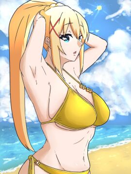 1girls armpits arms_behind_head beach big_breasts bikini blue_eyes breasts busty cleavage darkness_(konosuba) female female_only hi_res kono_subarashii_sekai_ni_shukufuku_wo! large_breasts legs looking_at_viewer navel ocean parted_lips pose posing sexy sexy_pose sfw sideboob swimsuit thighs tongue voluptuous water yellow_bikini