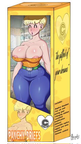 2024 alviriaart android ass big_ass big_breasts blonde_hair breasts closed_eyes doll doll_box doll_girl dragon_ball earrings english english_text female highres in_box in_container in_doll_box jewelry lactation large_breasts mature_female milf mommy nipples open_mouth panchy panchy_(dragon_ball) panchy_briefs remote_control robot robot_girl smile solo