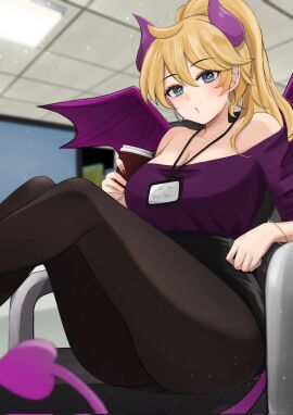 artist_request averysai blue_eyes breasts clothed coffee_cup demon demon_girl demon_horns demon_tail demon_wings female hoop_earrings indie_virtual_youtuber large_breasts name_tag not_porn office_lady safe safe_for_work sfw sitting_on_chair succubus virtual_youtuber