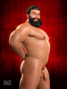 1boy 1human 3d bara beard black_hair dynasty_warriors flaccid flaccid_penis green_background hairy_body holding_weapon koei_tecmo male male_focus male_only masculine masculine_male muscles muscular muscular_male penis saltyrenders solo solo_male warrior yaoi zhang_fei