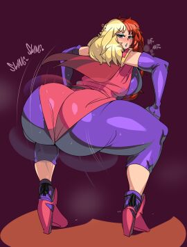 ass ass_focus blonde_hair captain_kirb captain_kirb_(sfw) chara_soon clothed female fully_clothed green_eyes gundam gundam_zz high_heels looking_at_viewer looking_back makeup multicolored_hair out_of_breath red_hair shaking shaking_ass shaking_butt sweat sweating twerking villainess zeon