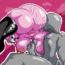 anilingus anon anonymous_male anus ass ass_lick ass_licking big_ass big_breasts breasts cabry64 cabry_(cabry64) derp derp_eyes fapping female furry goat goat_girl latex latex_boots male masturbation mdraw23 nipples original_character pink_body pink_hair pink_skin pixel_art sweat
