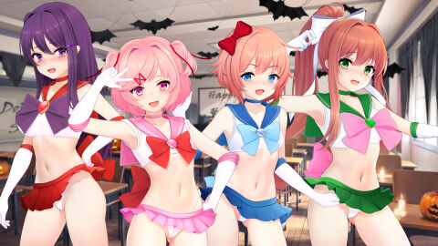 4girls cosplay doki_doki_literature_club eroneko female female_only halloween halloween_costume monika_(doki_doki_literature_club) multiple_females multiple_girls natsuki_(doki_doki_literature_club) sailor_uniform sayori_(doki_doki_literature_club) yuri_(doki_doki_literature_club)