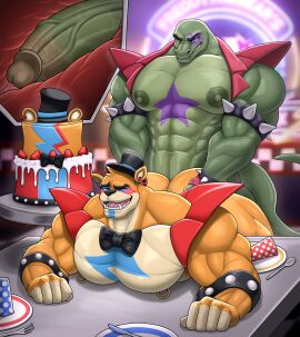 absurd_res adel_the_lizard anthro anthro_on_anthro anthro_penetrated anthro_penetrating anthro_penetrating_anthro bear biceps big_biceps big_nipples big_pecs black_clothing black_hat black_headwear black_top_hat bracelet brown_glans brown_penis cake clothing dessert duo fan_character five_nights_at_freddy's five_nights_at_freddy's:_security_breach food furniture genitals glamrock_freddy_(fnaf) glans green_body green_penis hat headgear headwear hi_res internal internal_anal jewelry male male/male male_penetrated male_penetrating male_penetrating_male multicolored_penis muscular muscular_anthro muscular_male nipples on_table pecs penetration penile penile_penetration penis scottgames sex solard0gg0 spiked_bracelet spikes steel_wool_studios table top_hat two-tone_penis urethra vein veiny_penis