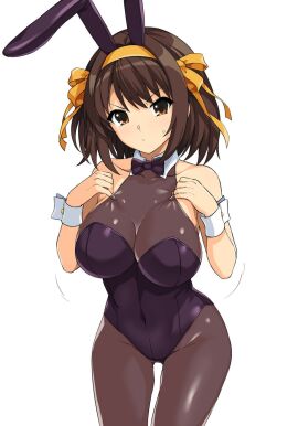 absurdres alternate_costume black_bodysuit black_bow black_bowtie black_leotard bodysuit bow bowtie breasts brown_eyes brown_hair cleavage commentary covered_collarbone covered_navel cowboy_shot detached_collar female hair_ribbon hairband hands_up haruhisky highres large_breasts leotard looking_at_viewer medium_hair playboy_bunny ribbon simple_background sleeveless sleeveless_bodysuit solo standing suzumiya_haruhi suzumiya_haruhi_no_yuuutsu white_background white_wrist_cuffs wrist_cuffs yellow_hairband yellow_ribbon