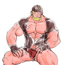 balls bara beard bulge clothing facial_hair hat hataraku_saibou killer_t_(hataraku_saibou) male male_only minatsumi muscles muscular penis scar scar_on_face sitting solo solo_male spread_legs yaoi
