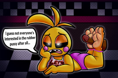 1girls animatronic animatronic_female baggy_(artist) chicken chicken_girl dark-skinned_male female five_nights_at_freddy's five_nights_at_freddy's_2 foot_fetish foot_focus footjob male robot robot_girl scottgames toy_chica_(fnaf)
