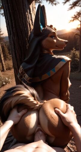 ai_generated animated anthro anubis_(pal) deep_penetration doggy_style female forest hand_on_ass human_on_anthro looking_at_viewer looking_pleasured pov standing standing_sex tagme vaginal_penetration vaginal_sex vaginal_tugging video