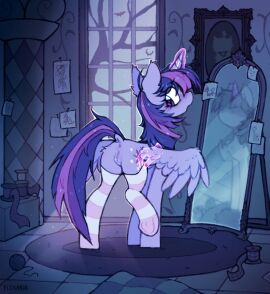 alicorn anus ball_of_yarn blush blush_lines clothing dock_(anatomy) drawing english_text equid equine eyelashes female feral flixanoa friendship_is_magic genitals hasbro horn legwear long_eyelashes looking_back magic magic_hands mammal mirror my_little_pony mythological_creature mythological_equine mythology pattern_clothing pattern_legwear plant reflection ribbons rug solo stockings striped_clothing striped_legwear stripes tail text tree tuft twilight_sparkle_(mlp) vulva wings yarn