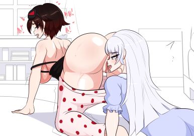 2girls ass breasts clothing consensual cunnilingus female female_only kinathefox large_breasts light-skinned_female light_skin multiple_females multiple_girls on_all_fours oral oral_sex ruby_rose rwby uncensored weiss_schnee white_hair yuri