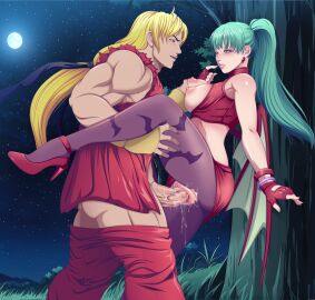 1boy 1girls alternate_costume alternate_hairstyle alternate_version_available animal_print bandana bat_print bat_wings big_breasts big_penis black_bandana blonde_hair blush bracelet breasts breasts_out capcom capcom_vs_snk_2 clothed_sex company_connection crossover darkstalkers demon earrings female field full_moon gloves grabbing_another's_breast grass green_eyes green_hair groping heels high_heels highres holding_another's_leg jewelry ken_masters lady-fantasma large_breasts large_penis leg_up long_hair male marvel_vs._capcom marvel_vs._capcom:_infinite marvel_vs._capcom_2 moon moonlight morrigan_aensland night night_sky non-web_source official_alternate_costume official_alternate_hairstyle outdoors pantyhose penis ponytail pussy pussy_juice red_skirt sex skirt sky source_request standing standing_sex star_(sky) starry_sky straight strappy_heels street_fighter succubus torn_clothes torn_pantyhose tree vaginal_penetration vampire_(game) wings
