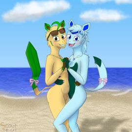 absurd_res accessories_only accessory anthro beach_background belly blue_body blue_eyes blue_fur blush bow_ribbon bracelet breasts brown_eyes claws cleavage clothed clothing cloud convenient_censorship duo ear_piercing ear_ring eeveelution eyeshadow eyewear eyewear_on_head female female/female fur furgonomics gem generation_4_pokemon genitals glaceon glistening glistening_claws green_body green_fur hand_holding heart_gem hi_res hug jewelry leafeon lipstick lisa_devellis looking_at_viewer makeup marissa_reinhart necklace nintendo painted_claws piercing pokemon pokemon_(species) pose pussy ribbons ring_piercing sand scoutthecat02 sea shadow small_breasts smile sunglasses sunglasses_on_head tail tail_accessory tail_bow tail_ribbon tan_body tan_fur thick_thighs water