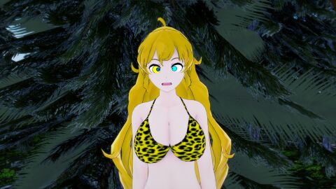 3d bikini blonde_hair breasts female hypnosis kaa_eyes koikatsu large_breasts leopard_print long_hair mind_control mrkoiru open_mouth outdoors pale_skin resisting rwby surprised the_jungle_book weak_resistance yang_xiao_long