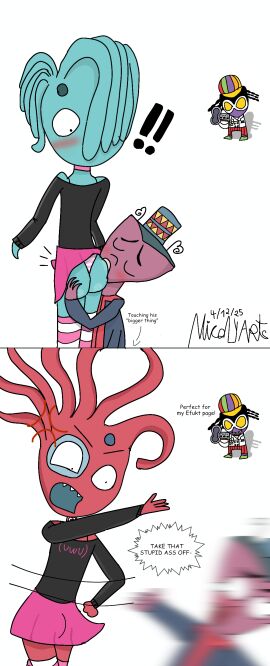 2025 2_panel_comic 3boys angry ant anthro anthro_on_anthro anthro_only ass_worship black_sweater clothed comic comic_strip crossdressing dual_persona erection_under_clothes femboy flea gay guru_ant hairdresser_octopus hi_res insects king_kong_mushi licking light_blue_skin male male/male male_only masturbating masturbation nicolyarts octopus offscreen_masturbation parappa_the_rapper parappa_the_rapper_2 pink_skirt public_exposure purple_skin recording recording_in_camera red_skin self_upload skirt slap slapping_face sony_interactive_entertainment tagme takoyama tentacle_hair thighhighs what white_background worshipping_ass yaoi