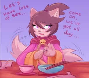 anthro asian_clothing blush canid canine clothing clover_(undertale_yellow) dialogue drawfag east_asian_clothing female fox gesture japanese_clothing kanako_(undertale_yellow) kanako_ketsukane kimono mammal pink_eyes solo suggestive suggestive_gesture tail tail_motion tailwag undertale undertale_(series) undertale_yellow