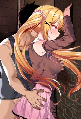 1boy absurdres against_wall black_hair blonde_hair blush bottomless breasts brown_shoes brown_sleeves censored commentary_request detached_sleeves female from_side grabbing_another's_breast grey_tank_top groping hair_ornament hair_scrunchie highres long_hair long_sleeves medium_breasts molestation mosaic_censoring origami_aya original pink_scrunchie pink_skirt scrunchie shirt shoes short_hair sidelocks skirt sleeveless sleeveless_shirt straight tank_top twintails x_hair_ornament