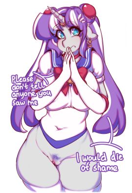 absurd_res anthro anthrofied armwear bishoujo_senshi_sailor_moon blue_eyes bottomless clothed clothing cosplay costume ear_piercing elbow_gloves english_text equid equine female footwear friendship_is_magic genitals gloves handwear hasbro hi_res horn legwear mammal my_little_pony mythological_creature mythological_equine mythology piercing pubes pubic_hair pussy sailor_moon_(cosplay) socks stockings text thigh_highs thigh_socks tolsticot twilight_velvet_(mlp) unicorn