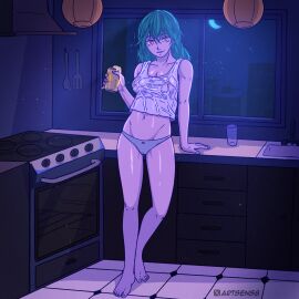 artist_name artsens8 barefoot bed beer beer_can blue-haired_female blue_hair breasts can cleavage clothing crescent_moon cup drunk feet female female_only full_body green_hair groin holding holding_beer indoors kitchen lamp long_hair looking_at_viewer medium_breasts midriff moon navel night nipples no_bra orange_eyes pantsu refrigerator rion_(sakamoto_days) rion_akao sakamoto_days see-through shirt sky smile solo standing tank_top toes underwear wet wet_clothes window yellow_eyes