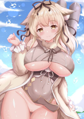 :3 animal_ears azur_lane black_ribbon blonde_hair blue_sky blush breasts brown_coat brown_dress brown_eyes censored cleavage closed_mouth cloud coat commentary_request commission covered_navel day dress female fur-trimmed_coat fur_trim hair_ribbon highres large_breasts lens long_sleeves looking_at_viewer minase_(azur_lane) no_panties outdoors pixiv_commission pussy ribbon sky smile solo standing uncensored underboob water_drop wind wind_lift xenon_(for_achieve)