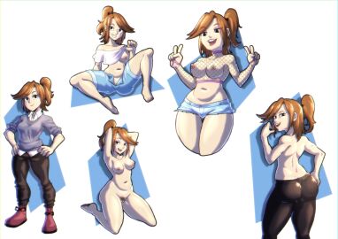 2024 armpits arms_up ass big_ass big_breasts black_eyes blue_bra blue_panties bra breasts brown_hair cleavage close_enough emily_ramírez feet female female_focus female_only fishnet fishnet_shirt leggings looking_at_viewer looking_back notilustregui pink_eyeshadow shirt shirt_lift short_hair shorts sunglasses thick_thighs thighs thong tied_hair tongue tongue_out white_background