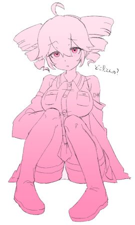 1girls 2d 2d_(artwork) ahoge arm_tattoo big_breasts blush blush_lines boots breasts colorless detached_sleeves female female_only kasane_teto large_breasts lycorisanguine panties panty_peek pantyshot red_eyes sitting sketch skirt tattoo text thick_thighs thighhigh_boots thighhighs thighs translation_request twin_drills upskirt utau white_background white_panties