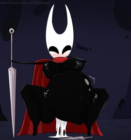 ambiguous_gender anthro arthropod bestponies big_breasts black_body blush bodily_fluids breasts clothed clothing digital_media_(artwork) digital_painting_(artwork) duo english_text excessive_genital_fluids female genital_fluids giggling hollow_knight hornet_(hollow_knight) humanoid insects nipples nude painting_(artwork) partially_clothed safe_vore simple_background team_cherry text the_knight_(hollow_knight) unbirthing vaginal_fluids vaginal_penetration vore
